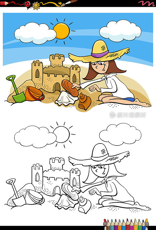 沙滩彩绘页上的卡通女孩和沙堡
