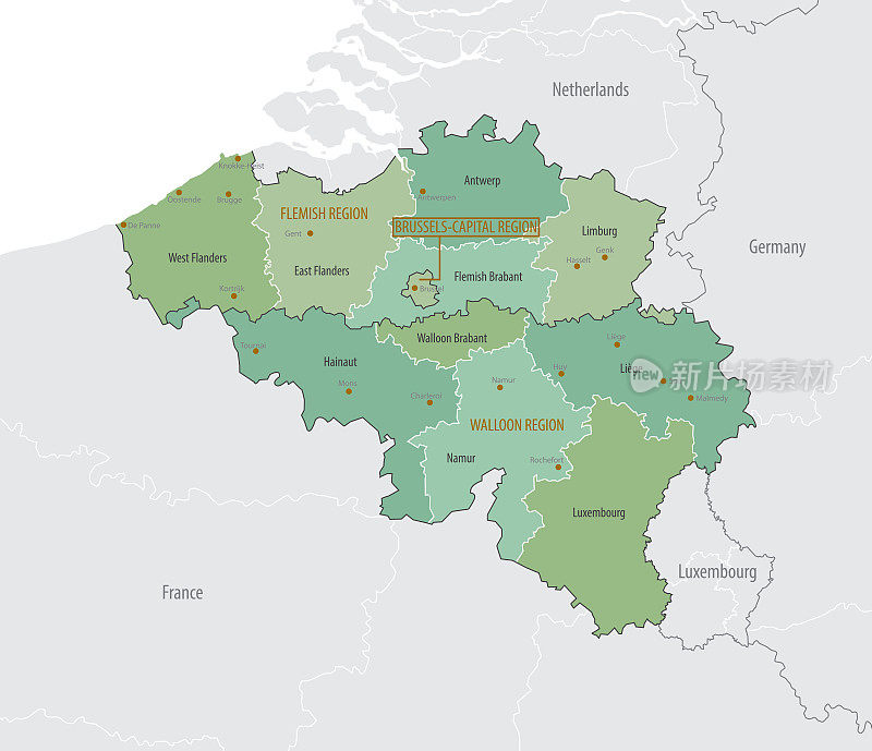 详细的比利时地图与行政区划的地区和省，主要城市的国家，矢量插图在白色背景
