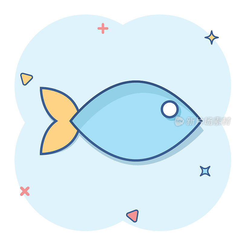 漫画风格的鱼标志图标。金鱼矢量卡通插图在白色孤立的背景。海鲜经营理念水花效应。