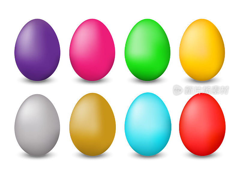 复活节彩色彩蛋大套。不同颜色的真实3D鸡蛋。复活节快乐的概念。用于贺卡、横幅、海报。在白色背景上分离的病媒卵。