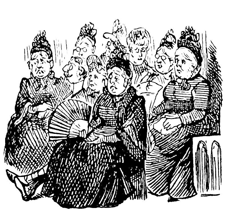 年长的女士们坐在椅子上，其中一人拿着一把扇子，中间是一个走失的小个子男人