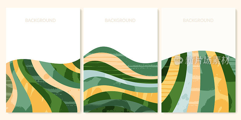 绿色抽象稻田俯视图与纹理向量背景。自然图案，生态插画，乡村海报设计。集农业景观，集简约生态海报