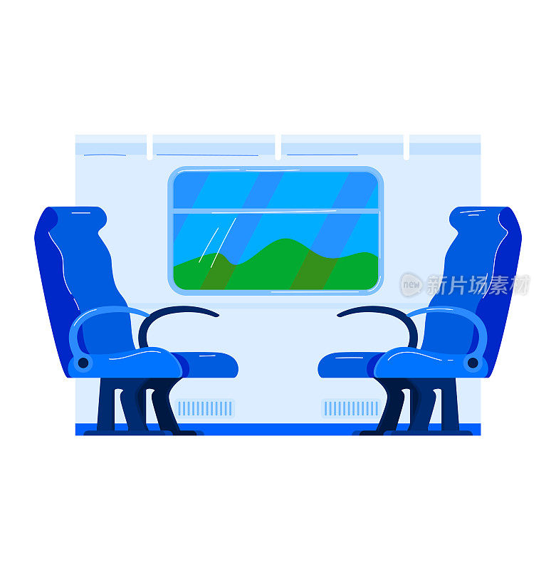 列车内部，铁路运输内靠窗出行，矢量插图。旅游旅行中的座椅，舒适的旅程中的座椅设计。