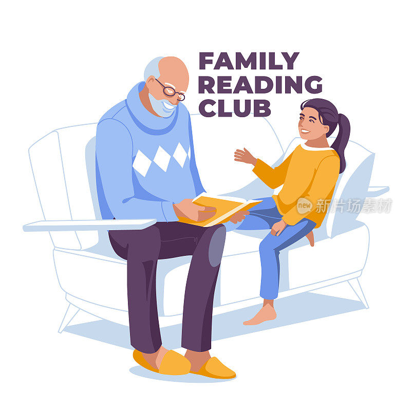 爷爷坐在沙发上给孙女读书。孤立在白色背景上。矢量平面图