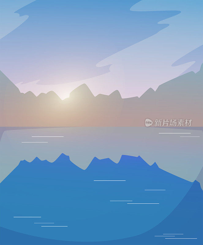 美丽的日落的插图，太阳隐藏在云层之间，在一个美丽的湖的中心