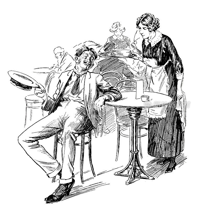女服务员把汤端到一个坐在圆桌旁的疲惫的男人面前