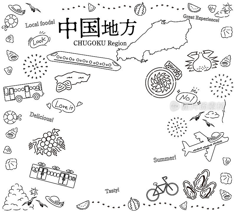 日本楚谷地区夏季美食旅游标志套装(黑白线条画)