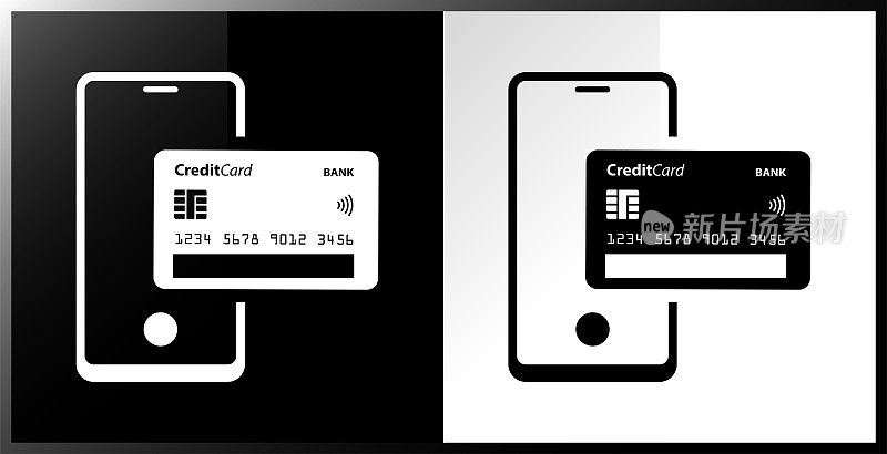 网上购物图标，非接触式支付，智能手机和信用卡。