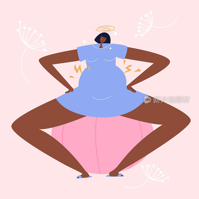 非裔美国孕妇生孩子时，以最佳姿势坐在健身球上。女性有不适，背部疼痛，腹部疼痛和她做运动。