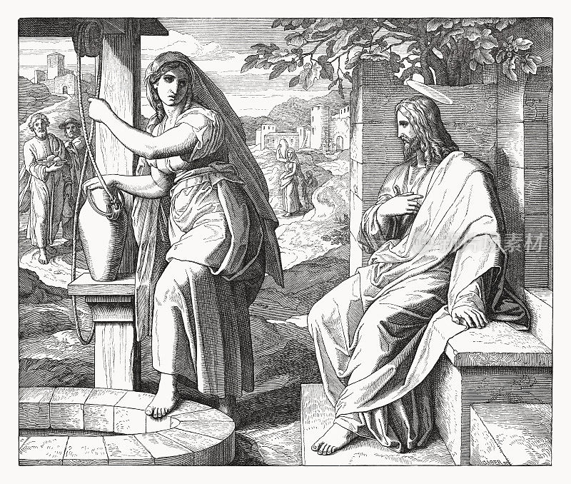 耶稣和撒玛利亚女人(约翰福音4章)，木刻，1860年出版