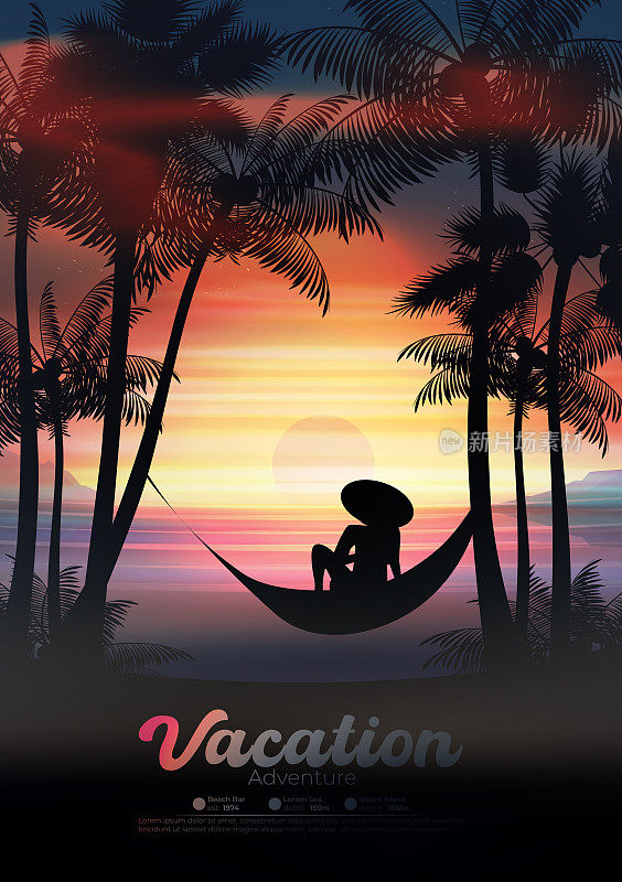 日落时分，在热带海滩上放松，贴着棕榈树的海报