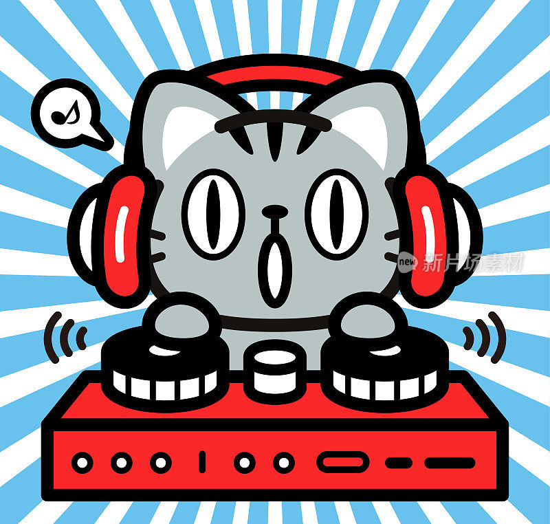 可爱的角色设计,一只小猫戴着耳机,在唱盘上演奏