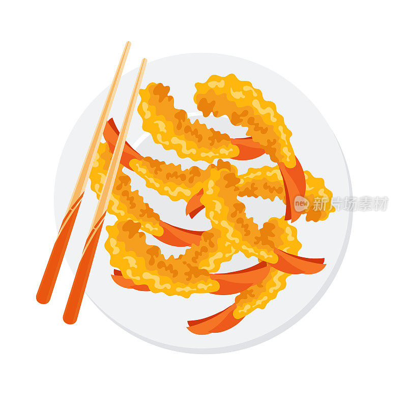 日式虾天妇罗，在盘子里炸虾。亚洲海鲜。