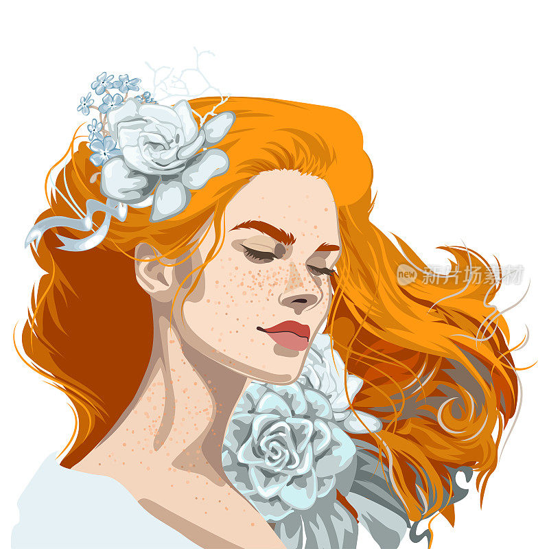 女孩闭着眼睛，长着雀斑，红色蓬松的头发上饰着花。