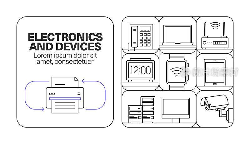 电子和设备横幅线图标集设计