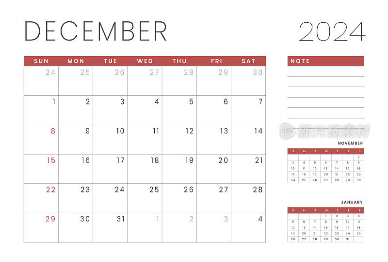 2024年12月的月历模板。矢量布局的墙或书桌简单的日历与周开始周日