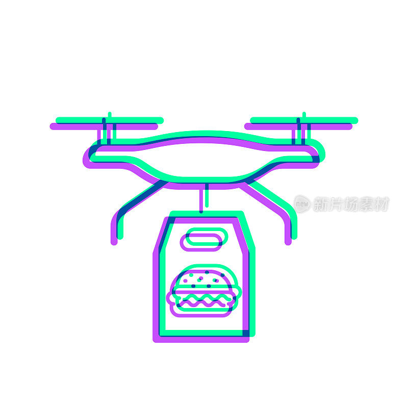 送汉堡的无人机。图标与两种颜色叠加在白色背景上