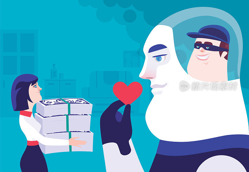 骗子用机器人男人抱着心脏，和拿着一叠钞票的女人交流