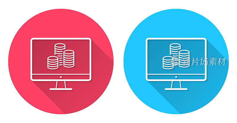 装有一堆硬币的台式电脑。圆形图标与长阴影在红色或蓝色的背景