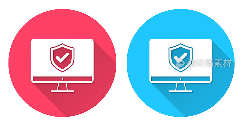 安全桌面电脑。圆形图标与长阴影在红色或蓝色的背景