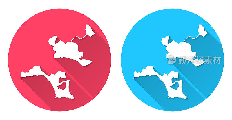 阿克罗蒂里和德凯利亚地图。圆形图标与长阴影在红色或蓝色的背景