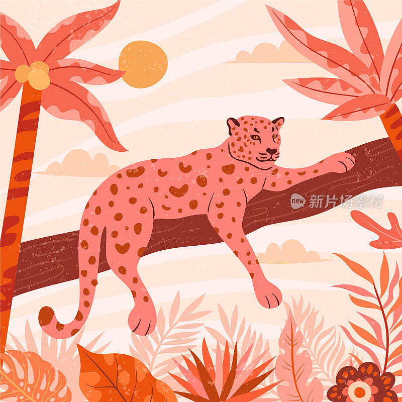 豹子躺在树枝上与棕榈树和植物的插图