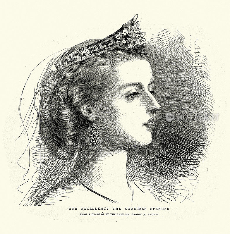 复古插图，夏洛特・斯宾塞肖像，斯宾塞伯爵夫人，1872年，19世纪