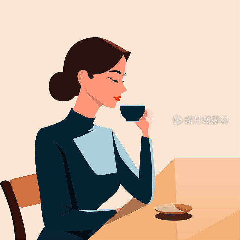 美丽的女士品尝咖啡的香气，同时享受悠闲的下午，在极简主义的矢量插图风格
