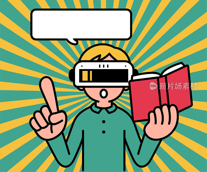 一个戴着虚拟现实耳机或VR眼镜的男孩进入虚拟世界，看着观众，说话，拿着一本书，指着上面