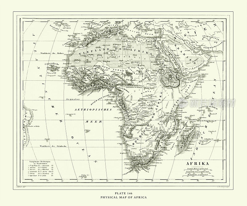 雕刻古董，非洲实物地图，雕刻古董插图，1851年出版