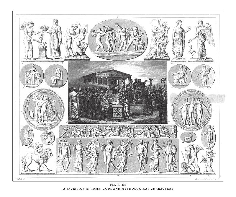 牺牲在罗马;神与神话人物雕刻古董插图，出版于1851年