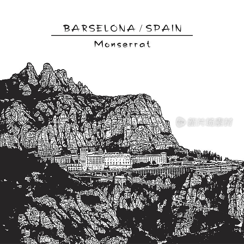 风景有蒙特塞拉特山和修道院。西班牙巴塞罗那。
