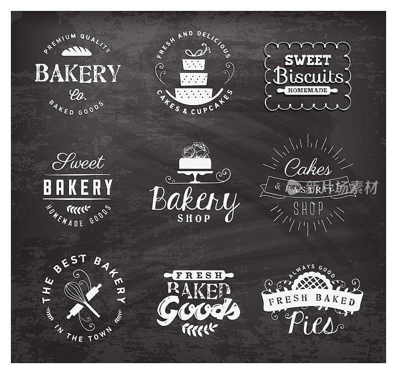 印刷面包店标签，徽章和设计元素在黑板上