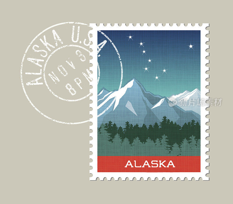 阿拉斯加邮票。风景优美的山地景观有驼鹿的剪影