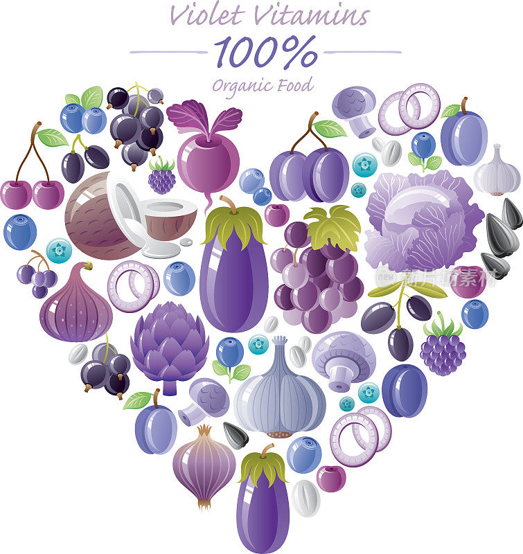 蓝色和紫色的水果和蔬菜心形