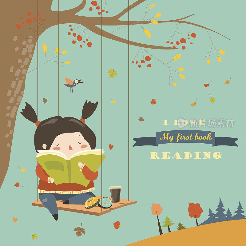可爱的女孩在秋天的公园里荡秋千和看书