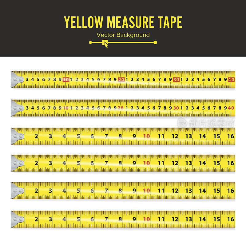黄色测量带向量。测量工具设备的英寸。几种变体，比例缩放