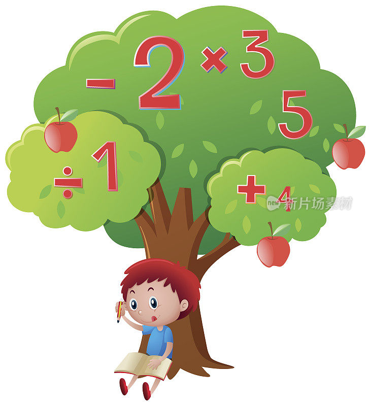 男孩在大树下计算数字