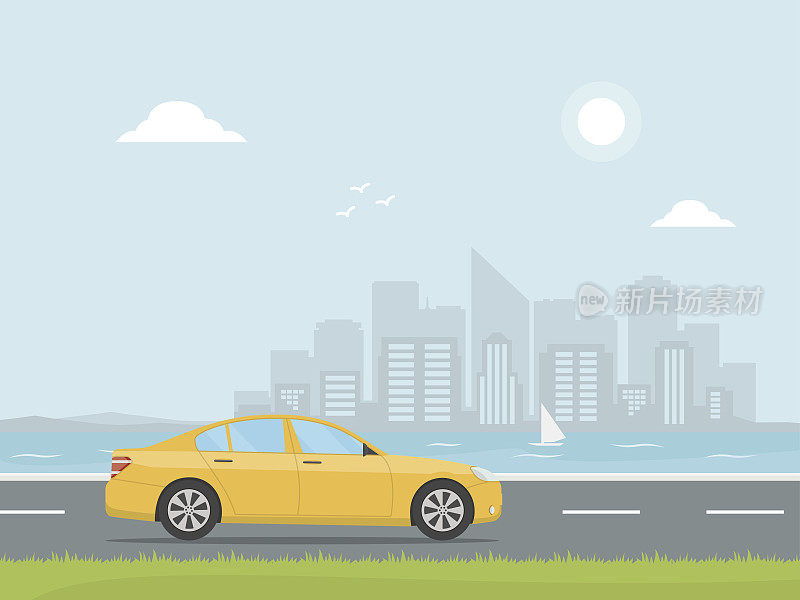 黄色的汽车在高速公路上行驶，背景是摩天大楼。横幅概念设计公路旅行。乘汽车旅行。