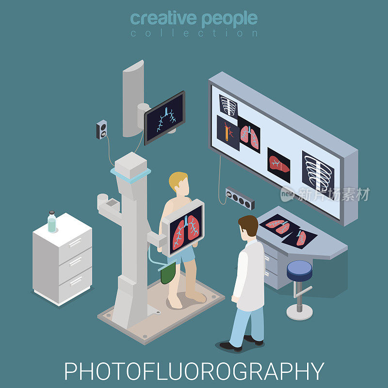 荧光照相工艺平面三维等距等距医院医学概念网络矢量插图。药室内部设备。有创造力的人集合。