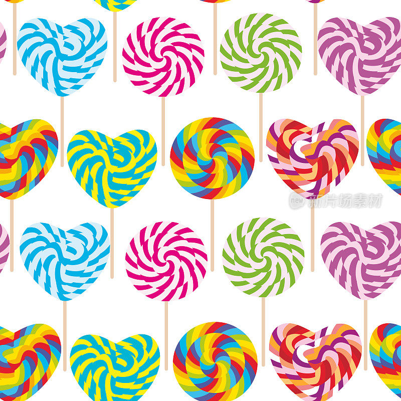 彩色无缝图案，糖果棒棒糖，螺旋棒棒糖。糖果棒与扭曲设计的白色背景。向量