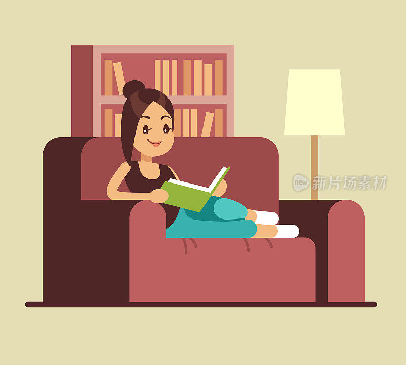 年轻女子在沙发上看书。在家放松矢量概念