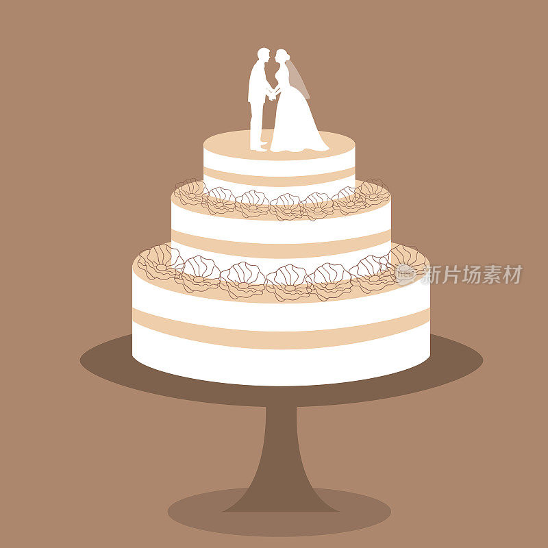婚礼蛋糕和新郎新娘小雕像。