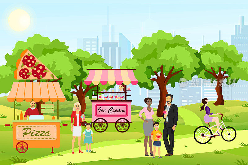以现代城市为背景的街头美食节卡通平面风格的矢量插图。街头美食节和市场插图。