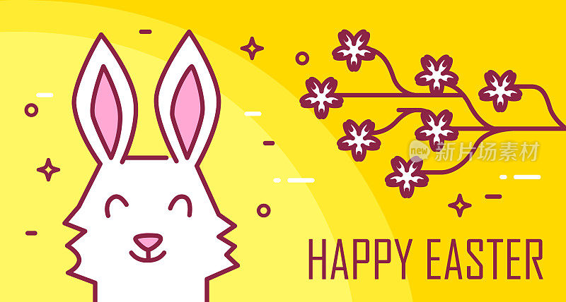 复活节快乐贺卡与兔子和樱花在黄色的背景。细线平面设计。向量旗帜。