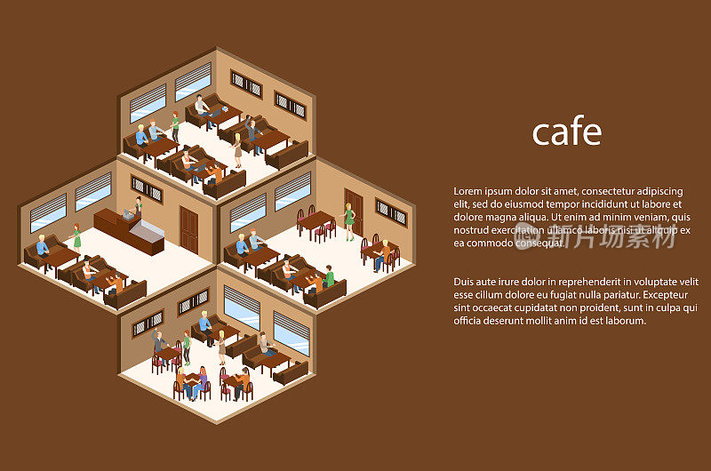 等距三维矢量插图设计咖啡厅室内，咖啡厅有服务员和游客