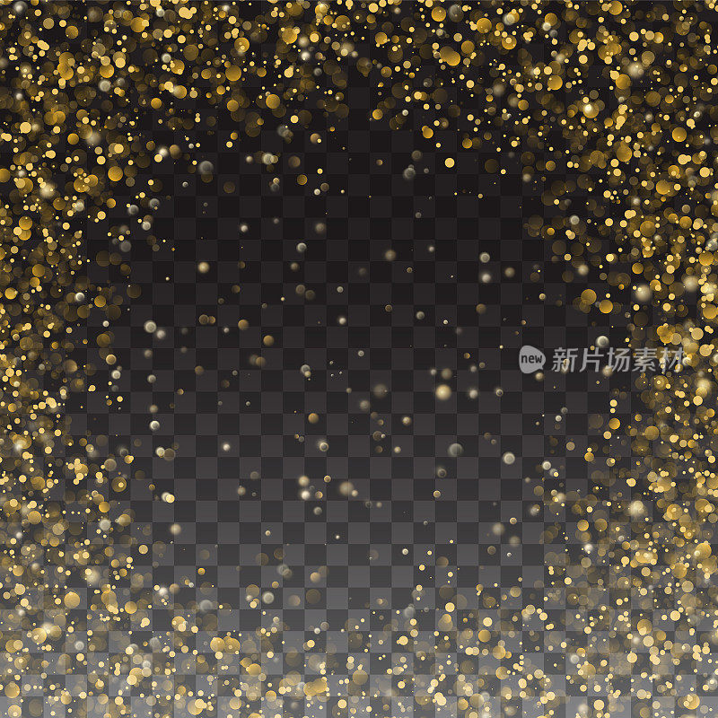 闪光黄金粒子框架效果豪华卡。明亮的金色微光发光粒子。金色的五彩纸屑。矢量插图抽象背景