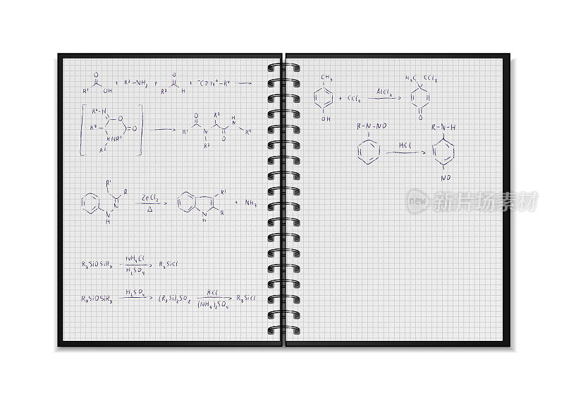 黑色开放的现实学校记事本与化学反应方程式和公式在正方形网格表孤立在白色