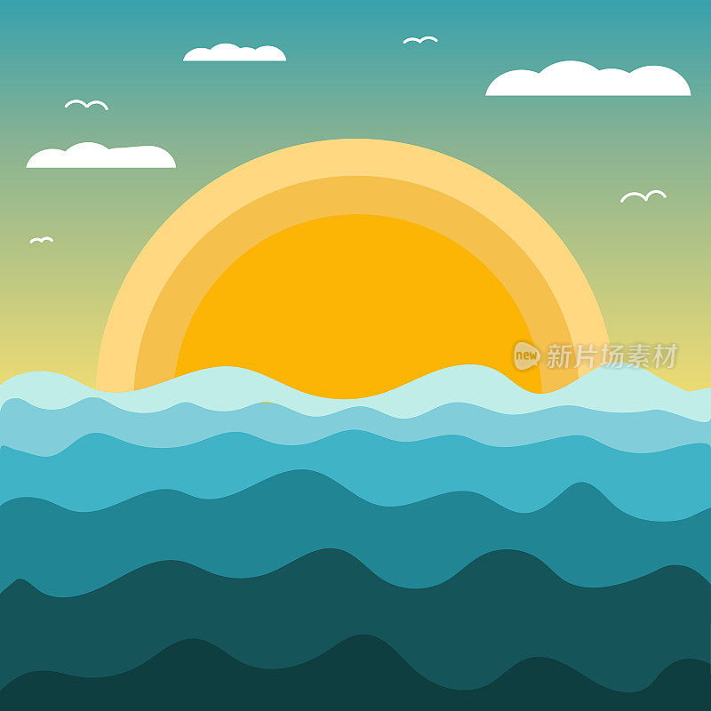 抽象的日落景观在海上与波浪