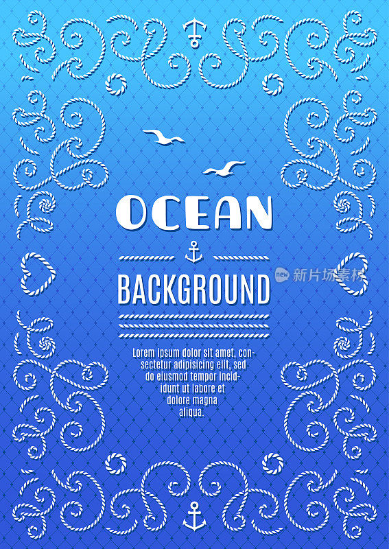 海洋背景海洋框架为您的海报，小册子，横幅，传单，传单。航海背景，框架与海洋绳索，蓝色和绿松石背景。向量的海报